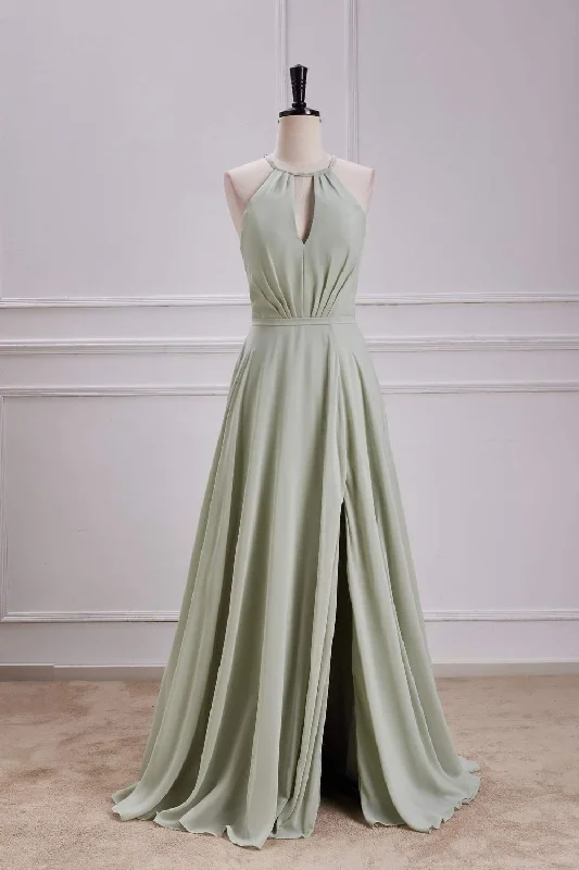 Seasonal Sale A-line dressDusty Sage Halter Keyhole A-line Long Bridesmaid Dress with Slit Seasonal Sale A-line dressDusty Sage Halter Keyhole A-line Long Bridesmaid Dress with Slit