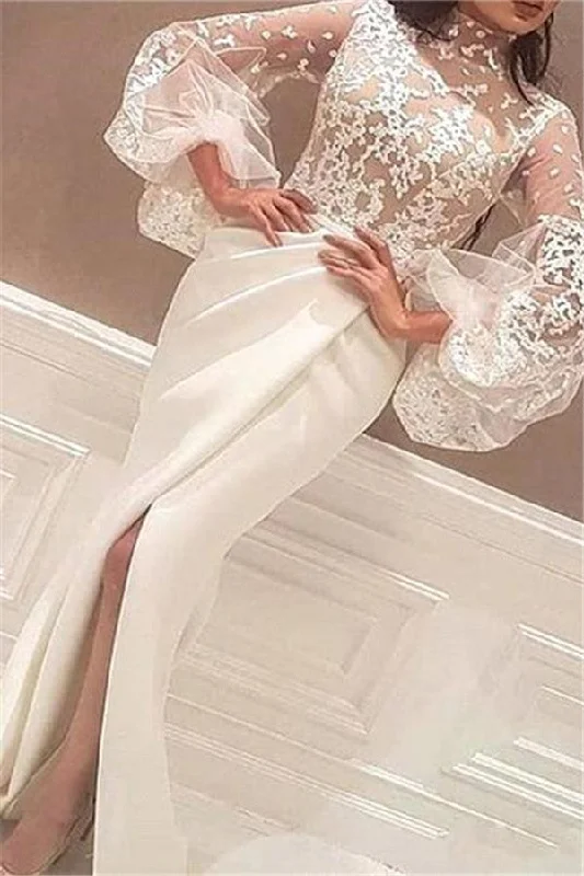 Best Bargains Mermaid High Neck Lace Wedding Dress Satin Long Sleeves Evening Party Dress