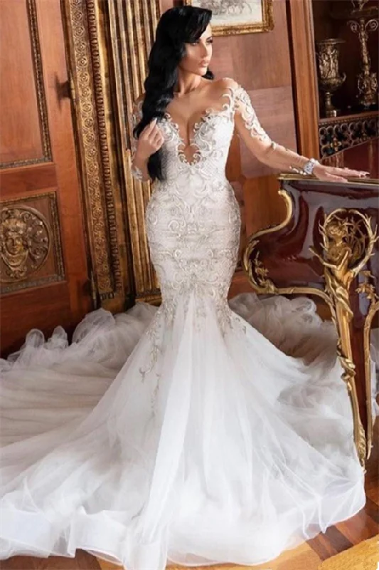 Take Advantage Long Sleeves V neck Mermaid Court train Summer Wedding Dress