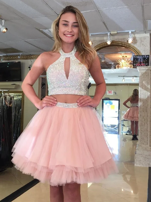 Last Chance Two Piece Homecoming Dresses Halter Beading Blush Pink Short Prom Dress Party Dress JK793