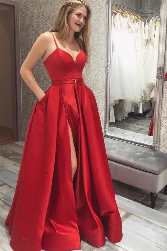 Super Sale casual midi dressSimple V Neck Red Satin Long Prom Dress with High Slit, V Neck Red Formal Graduation Evening Dress Y220