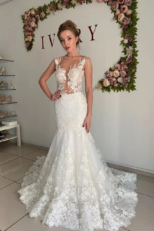 Super Sale Illusion neck White Lace Sleeveless Mermaid Wedding Dress