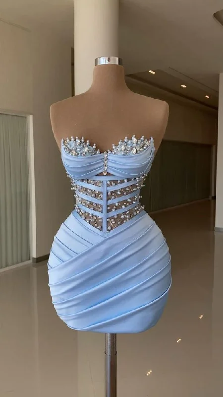 Don't Wait mini dressSexy Blue Bodycon Dress with Pleated,Blue Homecoming Dress Y4131