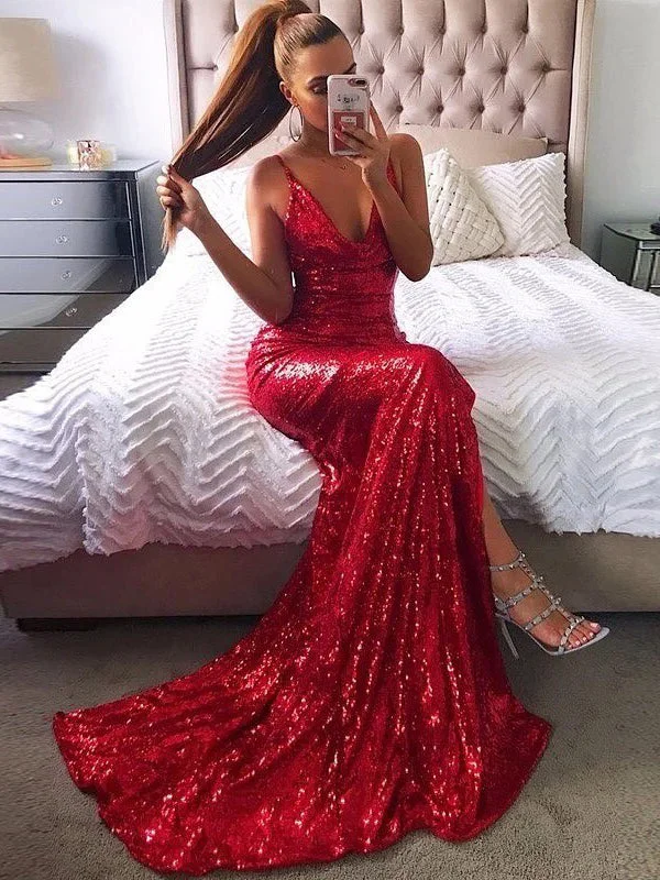 Limited Edition Sexy Prom Dresses with Straps Deep V Neck Sweep Train Sheath Simple Sequins Lace Prom Dress JKL1602