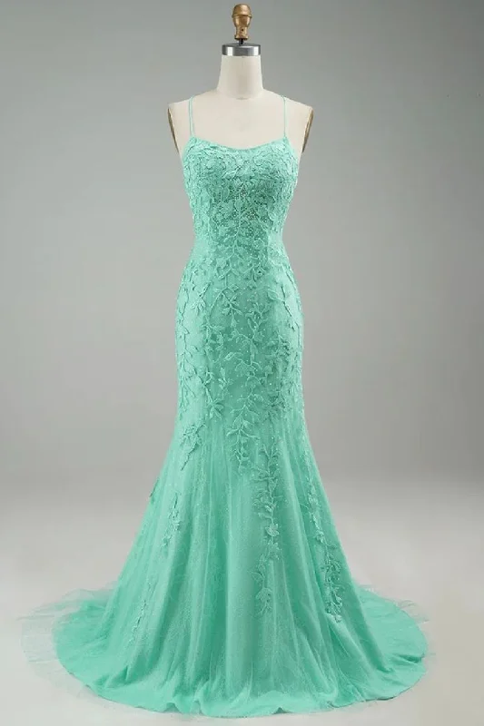 Deal Zone vintage dressTurquoise Straps Appliques Tulle Mermaid Prom Dress