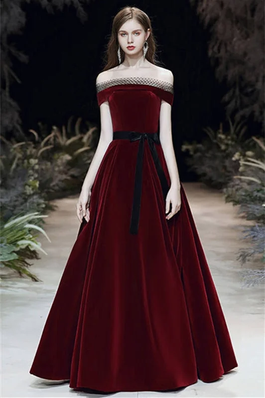 Low Prices pleated dressWine Red Velvet Long Dress with Off the Shoulder Neckline