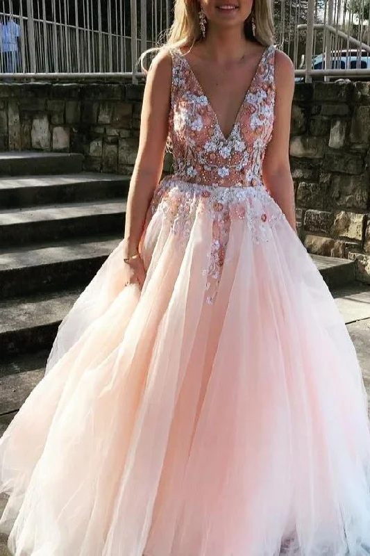 Sneak Peek Sale Gorgeous Backless Tulle Deep V Neck Appliques Prom Dresses with Beaded GJS133