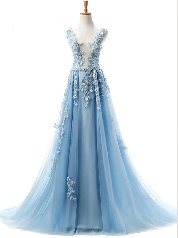 Sale Event Beautiful Prom Dresses Scoop A Line 3D Flowers Sweep Train Blue Long Prom Dress JKL1520