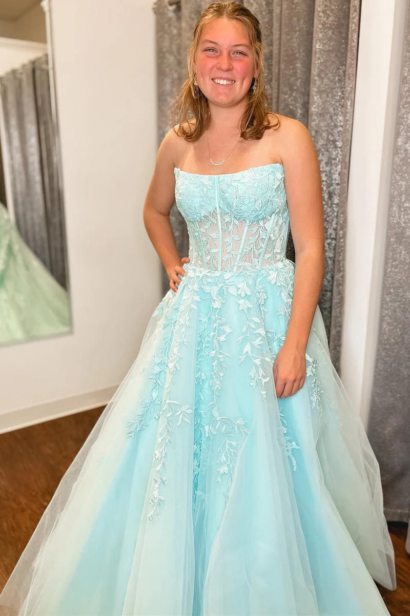 Price Meltdown form-fitting dressBateau Strapless Tulle A-Line Appliques Prom Dress