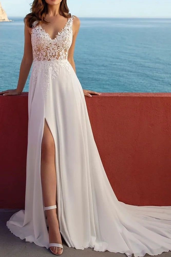 Huge Savings casual day dressSheer Empire V-Neck Sleeveless Empire Wedding Dress With Train