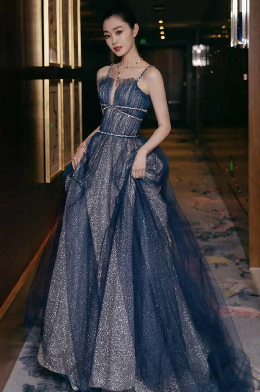 Exclusive Online Offer lace-up dressShiny tulle long A line prom dress blue evening dress Y105