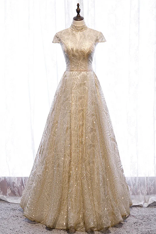 Limited Quantity tiered dressChampagne High Neck Cap Sleeves Sparkly Cut-Out Maxi Formal Dress