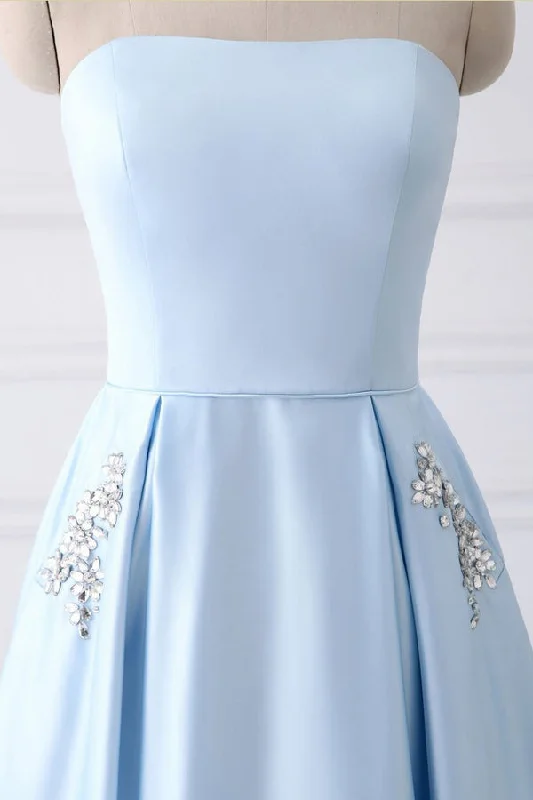 Deal Dash Light Blue A Line Floor Length Strapless Sleeveless Lace Up Prom Dresses