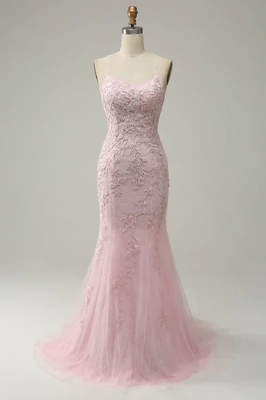 Best Bargains wool dressMermaid Spaghetti Straps Light Pink Long Prom Dress with Appliques Y4466