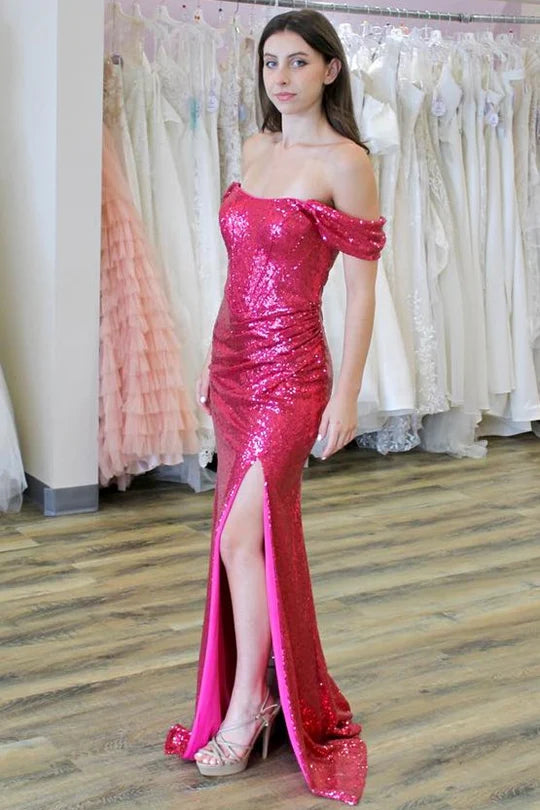 Mega Sale sleek midi dressOff-Shoulder Empire With Side Slit Sparkly Party Prom Dress