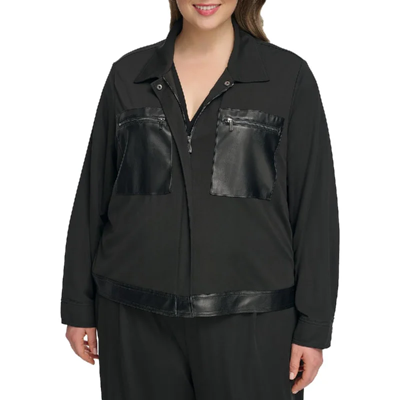 Savings Event sporty jacketPlus Womens Faux Leather Trim Lightweight Shirt Jacket