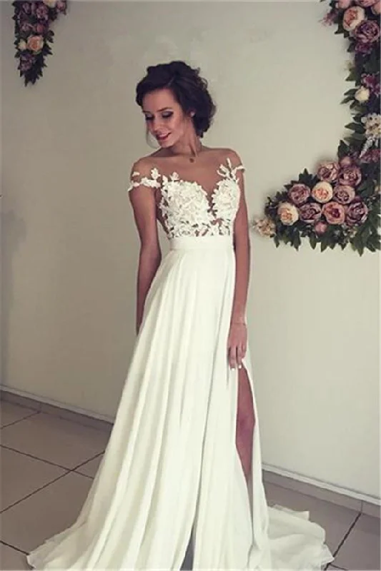Factory Direct Sale Classic Lace Appliques Wedding Dress Long Chiffon Split