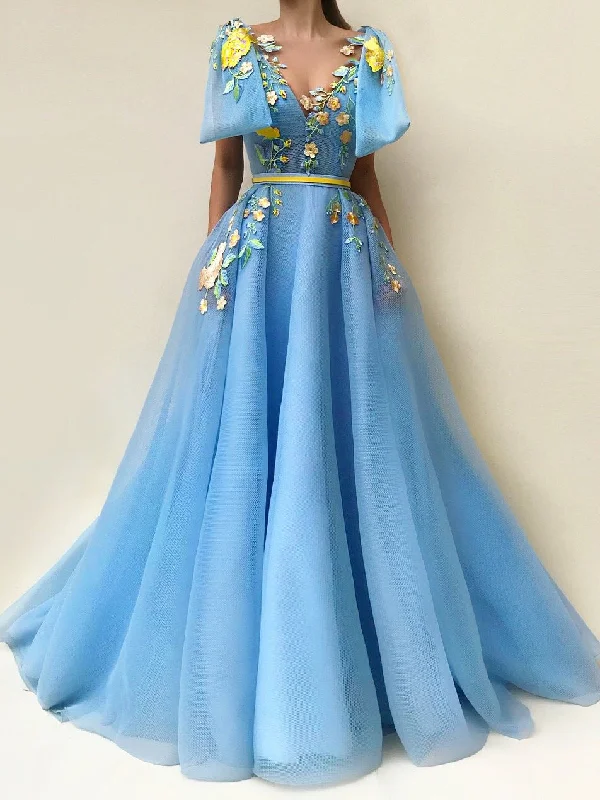 Low Prices Beautiful Prom Dresses with Pockets A Line Floor-length Embroidery Long Chic Prom Dress JKL1585