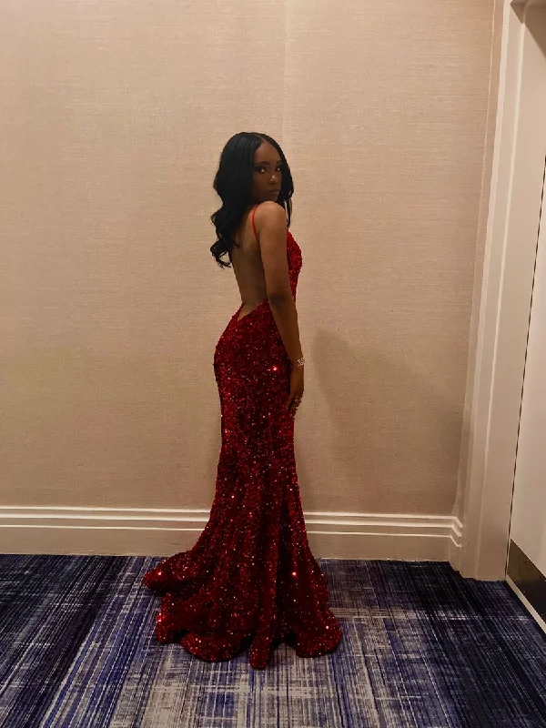 Instant Discount casual day dressOne-Shoulder Red Sequin Backless Mermaid Long Prom Dress Y4400