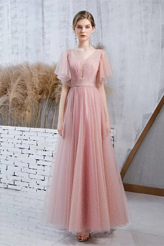 Quick Sale elegant evening dressFlutter Sleeves Pink Long Party Dress