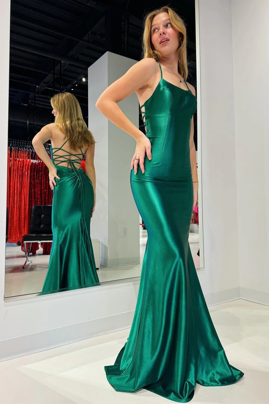 Price Smash winter dressBateau Satin Trumpet Spaghetti Straps Lace Up Prom Dress