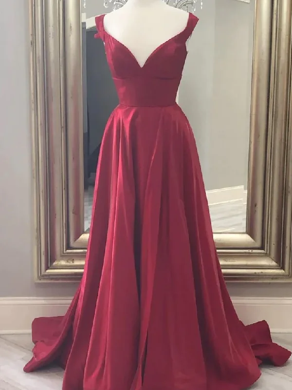 Bonus Savings comfy maxi dressA Line V Neck Burgundy Long Prom Dresses, Off the Shoulder Burgundy Formal Evening Dresses Y246