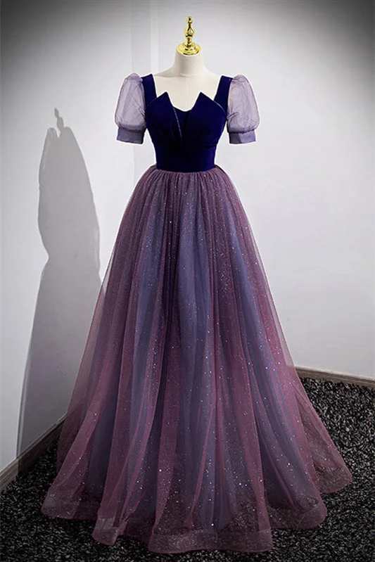 Amazing Deals vintage dressIllusion Puff Sleeves Tulle V Neck Long Formal Dress