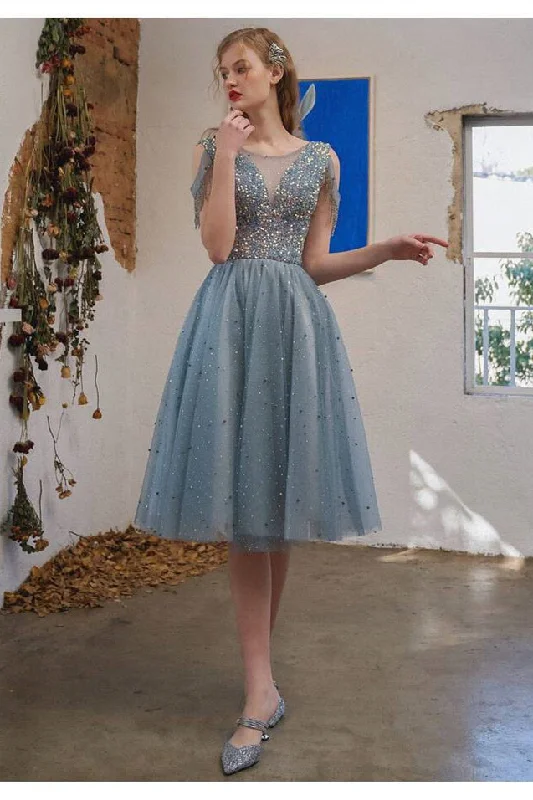 Limited Stock summer dressPrincess Dusty Blue Illusion Neck Beading Party Dress