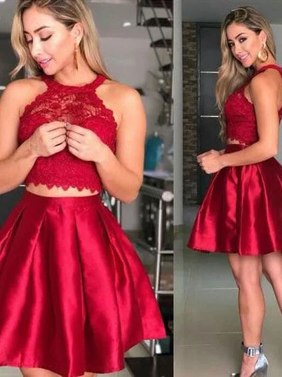 Quick Sale Two Piece Homecoming Dresses Lace Burgundy Short Prom Dress Party Dress JK714