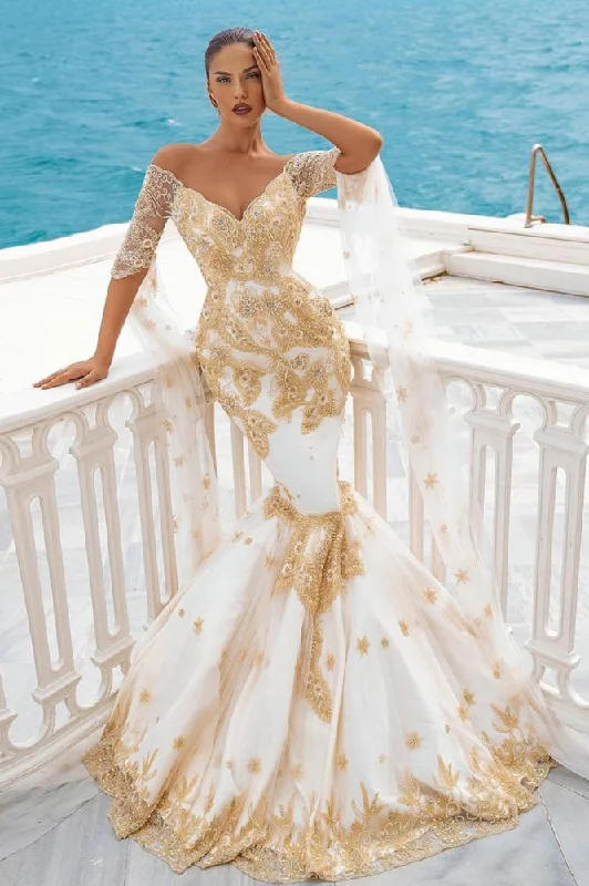 Great Deals Mermaid Bridal Gowns Gold Appliques Half Sleeve Cape