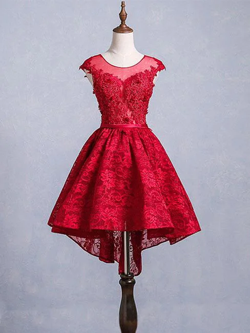 Discount Deals High Low Homecoming Dresses Scoop A-line Red Short Prom Dress Lace Party Dress JK570