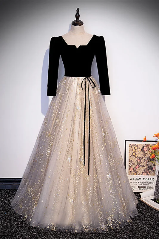Discount Deals textured dressBlack & Champagne A-line Square Neck Long Sleeves Long Formal Dress Discount Deals textured dressBlack & Champagne A-line Square Neck Long Sleeves Long Formal Dress