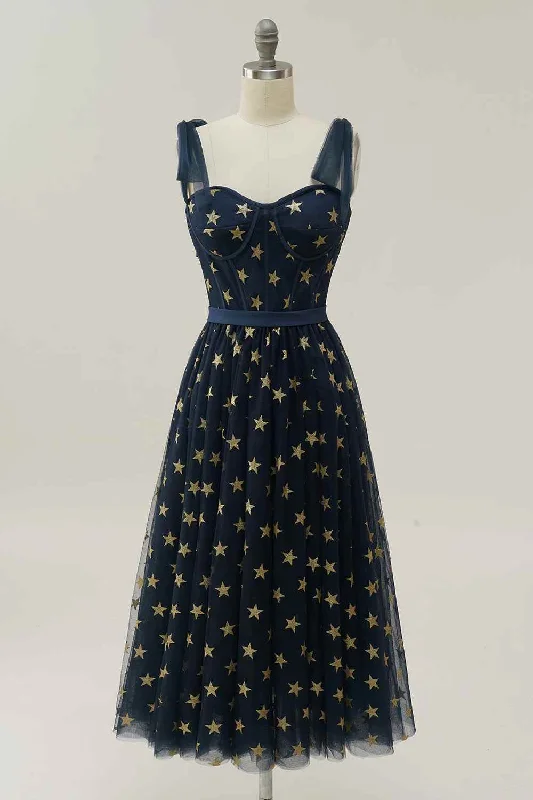 Special Promotion pleated maxi dressDark Navy A-line Tied Strap Tulle Applique Knee Length Prom Dress