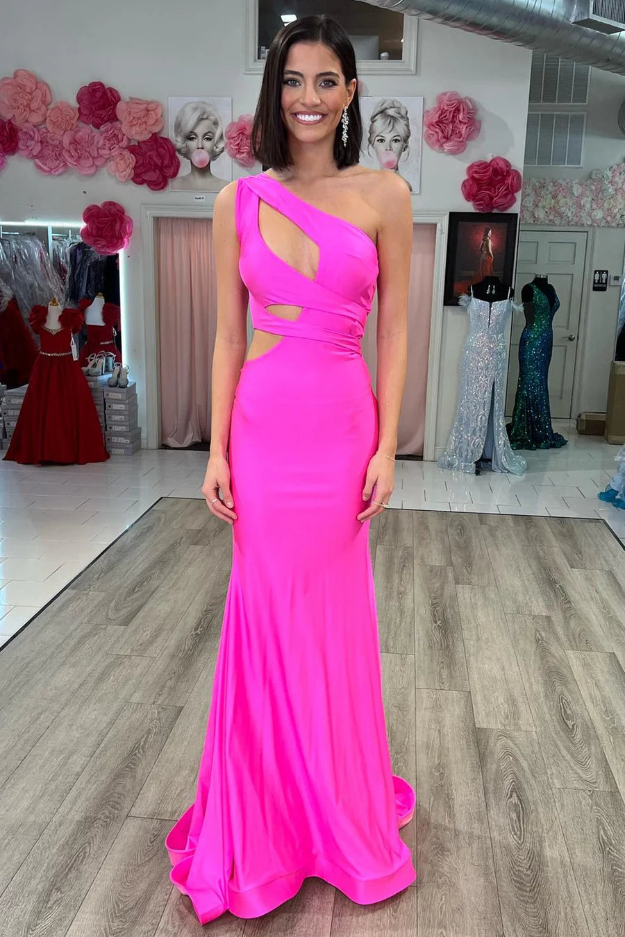 Overstock Sale floral wrap dressOne Shoulder Sleeveless Illusion Empire Trumpet Satin Prom Dress