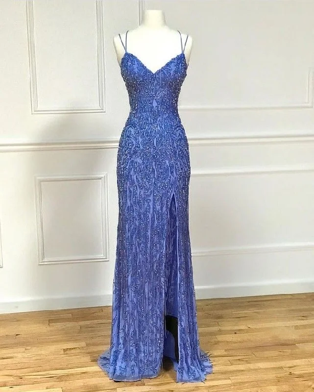 Bonus Savings summer dressLuxurious Blue Mermaid Prom Dress With Split,Blue Formal Gown  Y4540