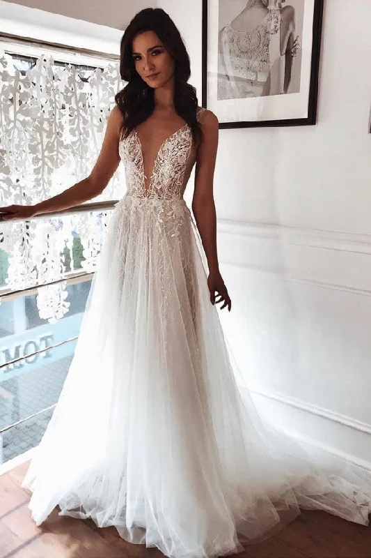 Price Reduction Chic Tulle A line Ivory Lace V neck Summer Beach Wedding Dress