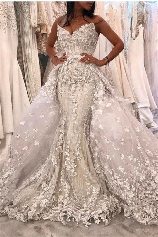 Online Only Spaghetti Strap White Mermaid Luxurious Wedding Dress with Lace Overskirt