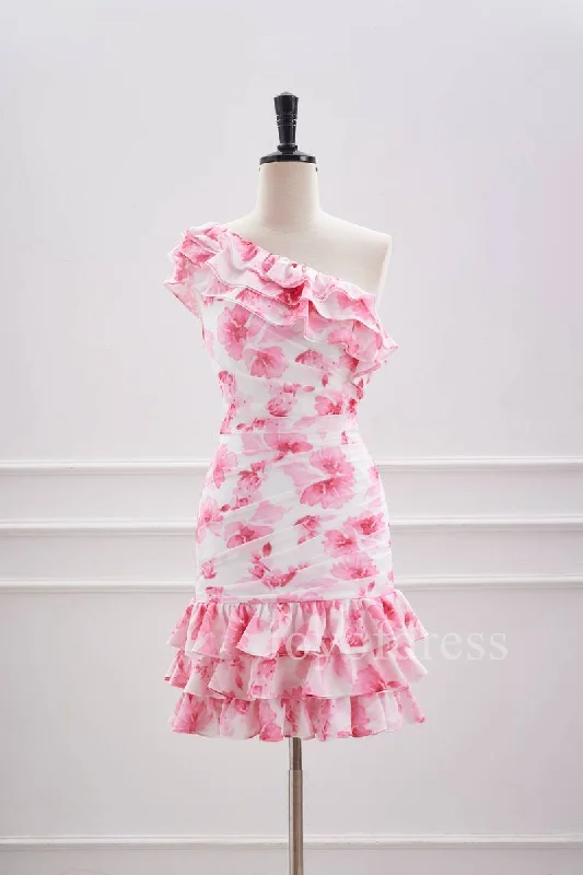 Deal Zone casual slip dressRuffled One Shoulder Pink Floral Print Short Homecoming Dress