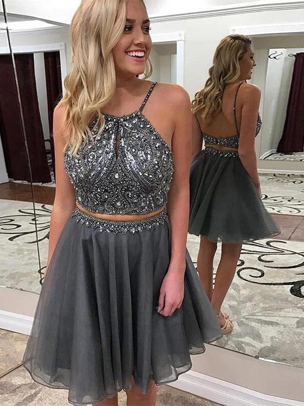 Mega Deal Two Piece Homecoming Dresses A-line Rhinestone Sparkly Short Prom Dress Party Dress JK802