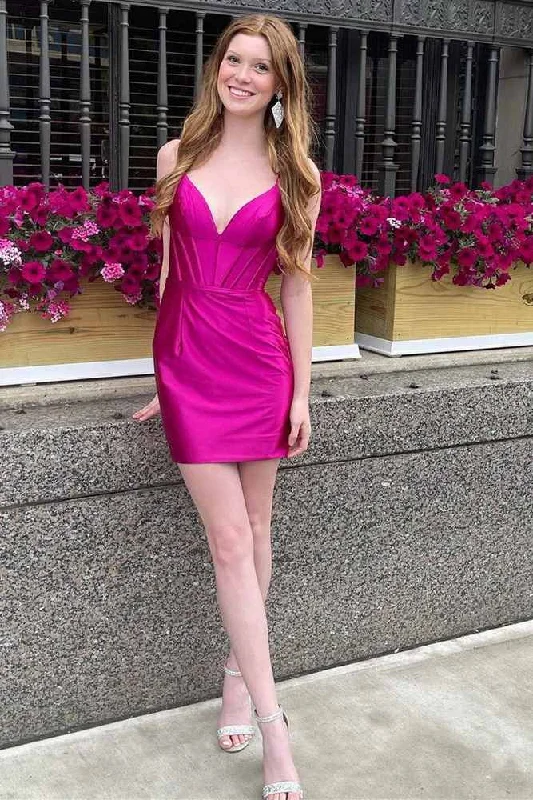 Epic Deals puff sleeve dressBodycon Fuchsia V-Neck Corset Satin Homecoming Dress