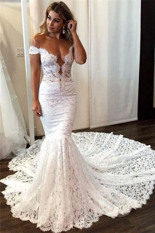 Bargain Prices Classic Off the shoulder White Mermaid Wedding Dress