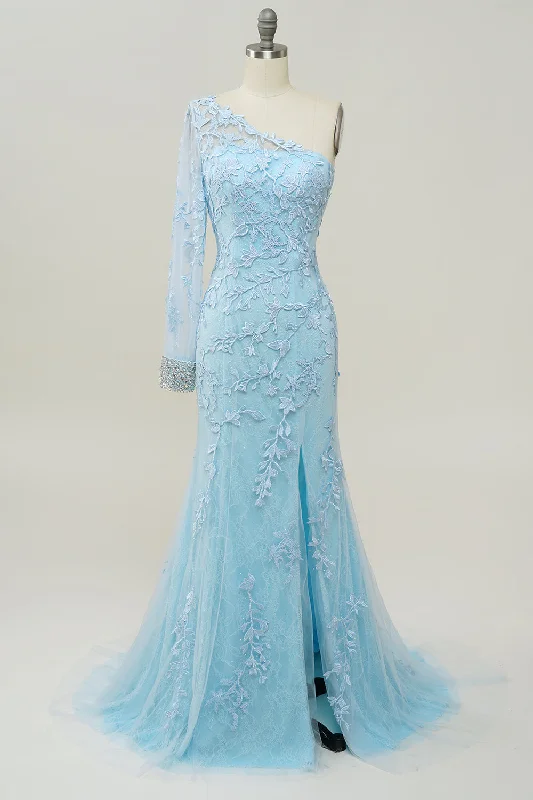 New Markdowns sleek dressLight Blue One Shoulder Appliques Mermaid Long Prom Dress with Slit
