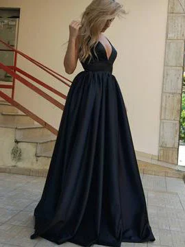 Price Drop Alert Black Prom Dresses with Straps V-neck Aline Long Open Back Prom Dress Sexy Evening Dress JKL1481