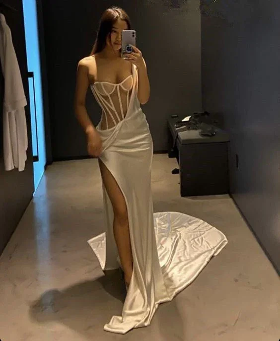 Take Advantage spaghetti strap dressWhite One Shoulder Long Prom Dress With High Split Sexy Evening Dress Y189