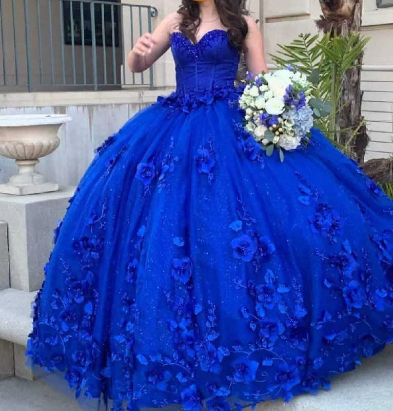 Deal Zone summer dress3D Flowers Crystals Royal Blue Ball Gown Quinceanera Dresses With Appliques Sweet 16 Dress Y4089
