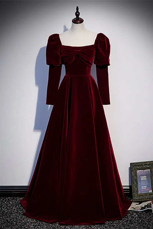 Deal of the Week party dressBurgundy Square Neck Puff Long Sleeves Velvet Long Formal Dress with Bow