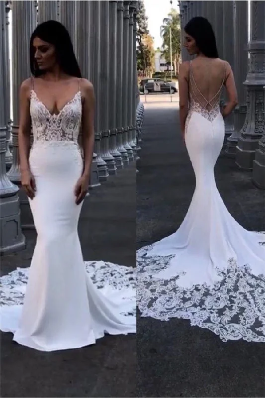 Final Markdown Classic Lace Mermaid Wedding Dresses Spaghetti Straps Backless Bridal Gowns
