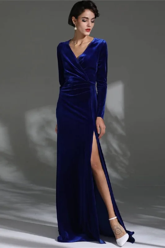 Value Deals wool dressRoyal Blue Velvet Long Sleeves Dress