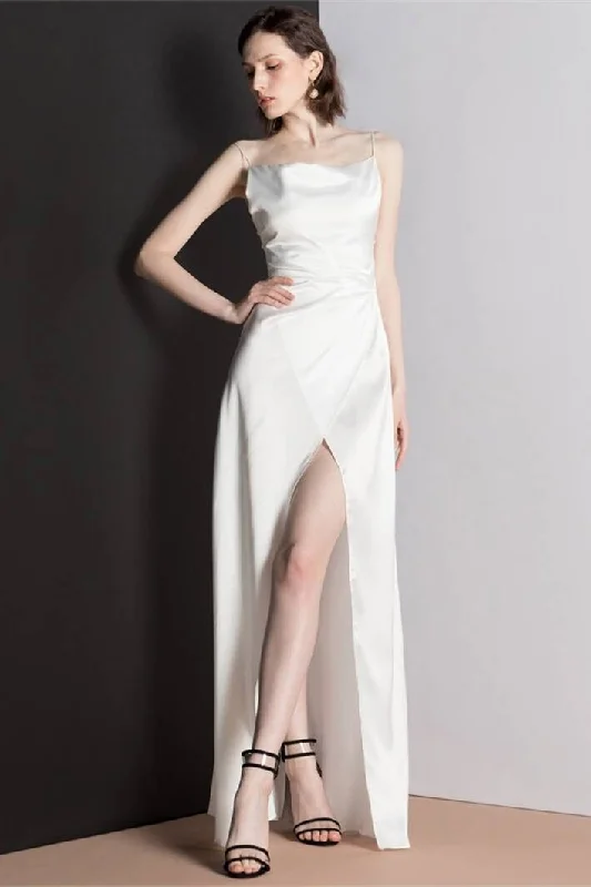 Hot Deal boho-chic dressSquare Neck White Long Dress with Slit