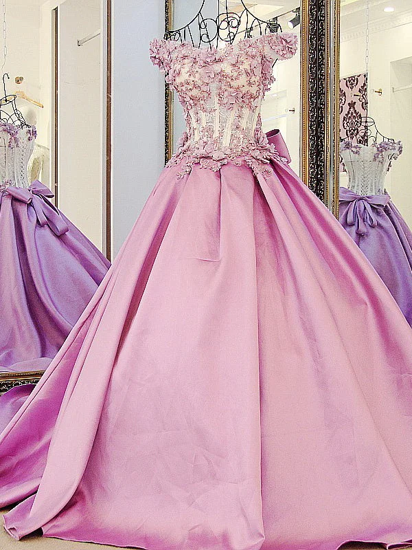 Exclusive Offers Ball Gown Prom Dresses Brush Train Hand-Made Flower Lace Prom Dress Satin Evening Dress JKL495